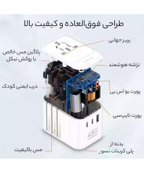 چندراهی برق 45 یک یو اس بی، دو تایپ سی و یک سوکت برق با دوشاخه‌های مختلف الدنیو Z8