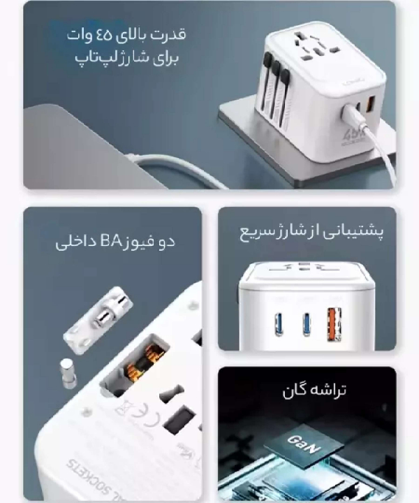 چندراهی برق 45 یک یو اس بی، دو تایپ سی و یک سوکت برق با دوشاخه‌های مختلف الدنیو Z8