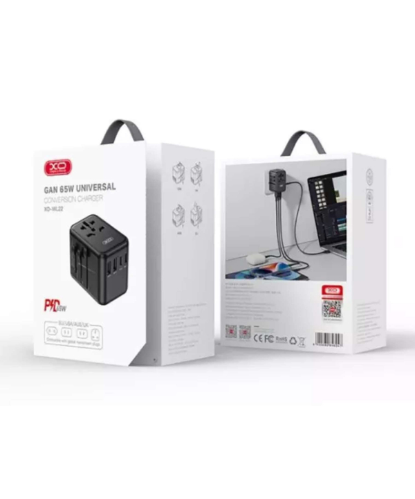 چند راهی مکعبی برق دو سوکت و دو یو اس بی و 3 تایپ سی ایکس او 65W GaN XO WL22 multi-function travel Network Extender
