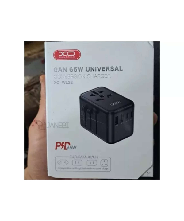 چند راهی مکعبی برق دو سوکت و دو یو اس بی و 3 تایپ سی ایکس او 65W GaN XO WL22 multi-function travel Network Extender