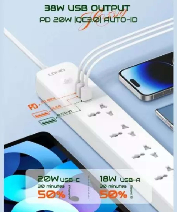 چند راهی برق پنج سوکت، دو یو اس بی و یک تایپ سی الدنیو LDNIO SC5319 5 Port + 3 USB Power Socket Plug Extension Wall Charger