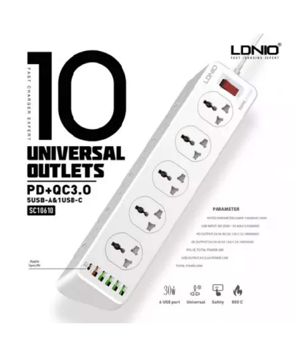 چندراهی برق 10 سوکت، 5 یواس‌بی و 1 تایپ‌‎سی الدنیو Ldnio Power Strip 2500W 2m UK Plug SC10610