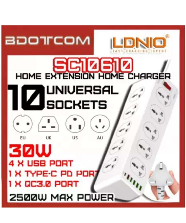 چندراهی برق 10 سوکت، 5 یواس‌بی و 1 تایپ‌‎سی الدنیو Ldnio Power Strip 2500W 2m UK Plug SC10610
