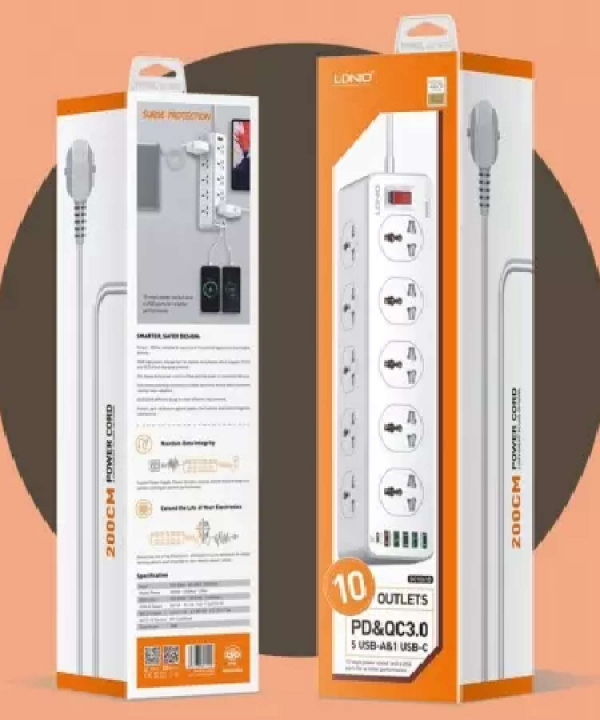 چندراهی برق 10 سوکت، 5 یواس‌بی و 1 تایپ‌‎سی الدنیو Ldnio Power Strip 2500W 2m UK Plug SC10610