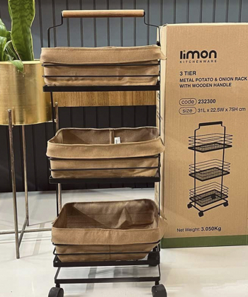 جا سیب زمینی و پیاز فلزی سه طبقه دسته چوبی لیمون Limon کد 232300