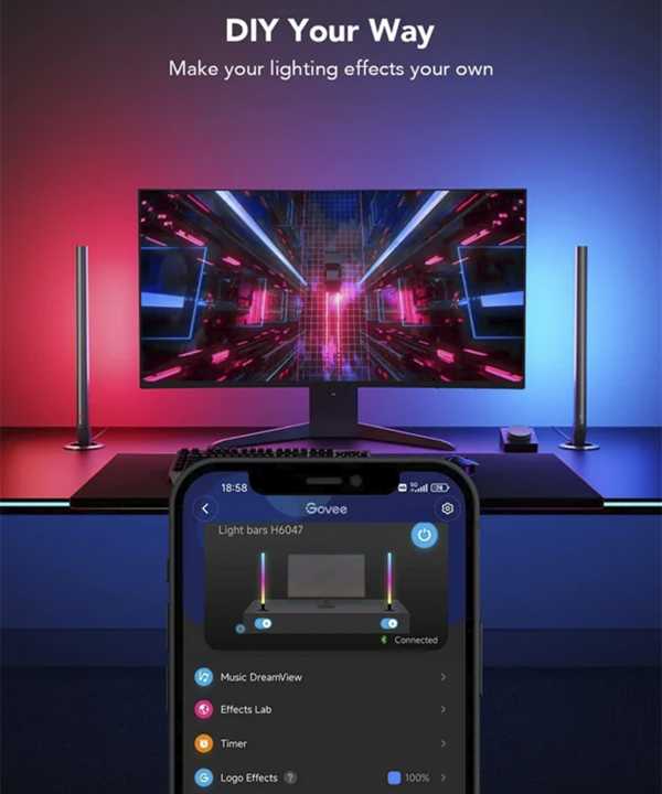 چراغ هوشمند گيمينگ روميزي گووي RGBIC Gaming Light Bars H6047