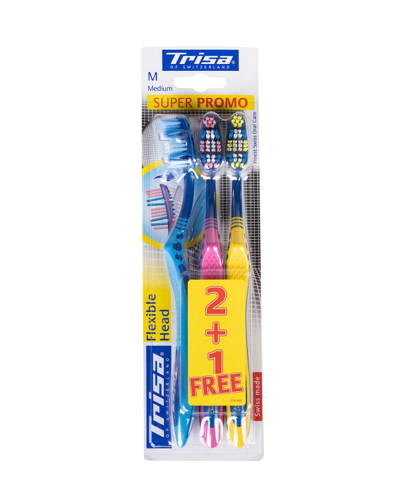 مسواک با برس متوسط تریزا Trisa مدل Flexible Head بسته 3 عددی