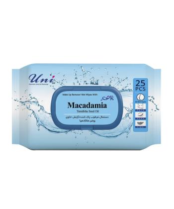 دستمال مرطوب پاک کننده آرایش یونی لد حاوی روغن ماکادمیا بسته 25 عددی