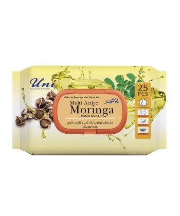 دستمال مرطوب پاک کننده آرایش یونی لد حاوی روغن مورینگا بسته 25 عددی