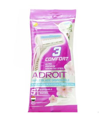 تیغ یکبار مصرف زنانه ادرویت سه لبه صابون دار بسته 5 عددی