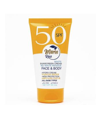 ضد آفتاب صورت و بدن بی رنگ SPF50 مارین رز مناسب انواع پوست حجم 50 میلی لیتر