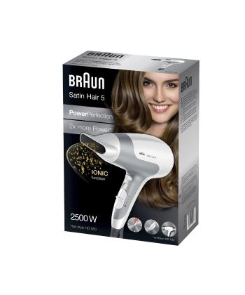 سشوار براون مدل ساتین هیر 5 2500 وات آیونیک پاور پرفکشن وایت & متالیک گری مدل BRHD580E