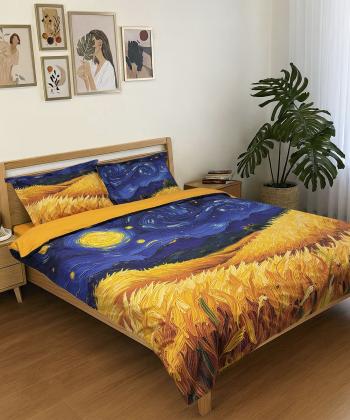 سرويس كاور لحاف دو نفره 4 تكه پاميل طرح گندم زار استايل ونگوگ
