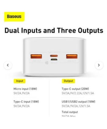 پاوربانك باسئوس ظرفيت 30000 ميلي آمپر ساعت مدل Bipow 20W