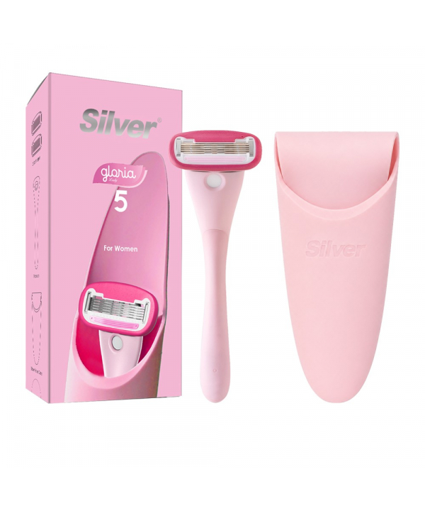 تیغ اصلاح سیستم 5 لبه زنانه Gloria5 دسته با 2 تیغ یدک و سیلیکون کیس