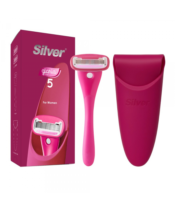 تیغ اصلاح سیستم 5 لبه زنانه Gloria5 دسته با 2 تیغ یدک و سیلیکون کیس
