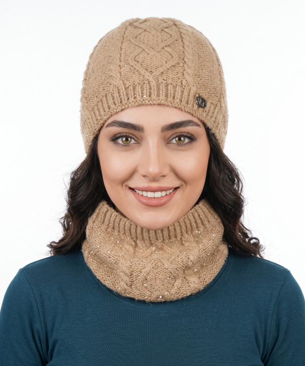 ست کلاه و شال گردن بافت زنانه تارتن مدل 232100200