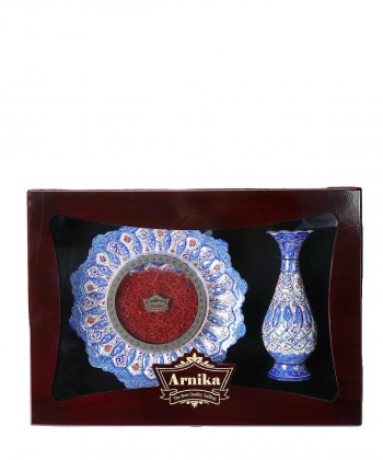 گیفت بشقاب و گلدان میناکاری پنجره دار با زعفران نگین آرنیکا Arnika