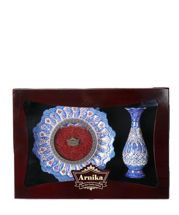گیفت بشقاب و گلدان میناکاری پنجره دار با زعفران نگین آرنیکا Arnika