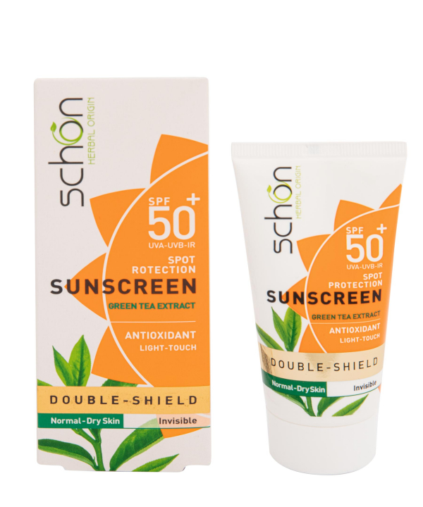 کرم ضد آفتاب بی‌رنگ SPF50 شون Schon مدل Double-shield حجم 50 میلی‌لیتر