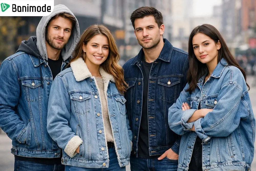 تصویری از تعدادی زن و مرد که کاپشن جین پوشیدند
