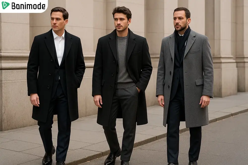 3 مرد که پالتوهای بلند برای فصل زمستان پوشیدند
