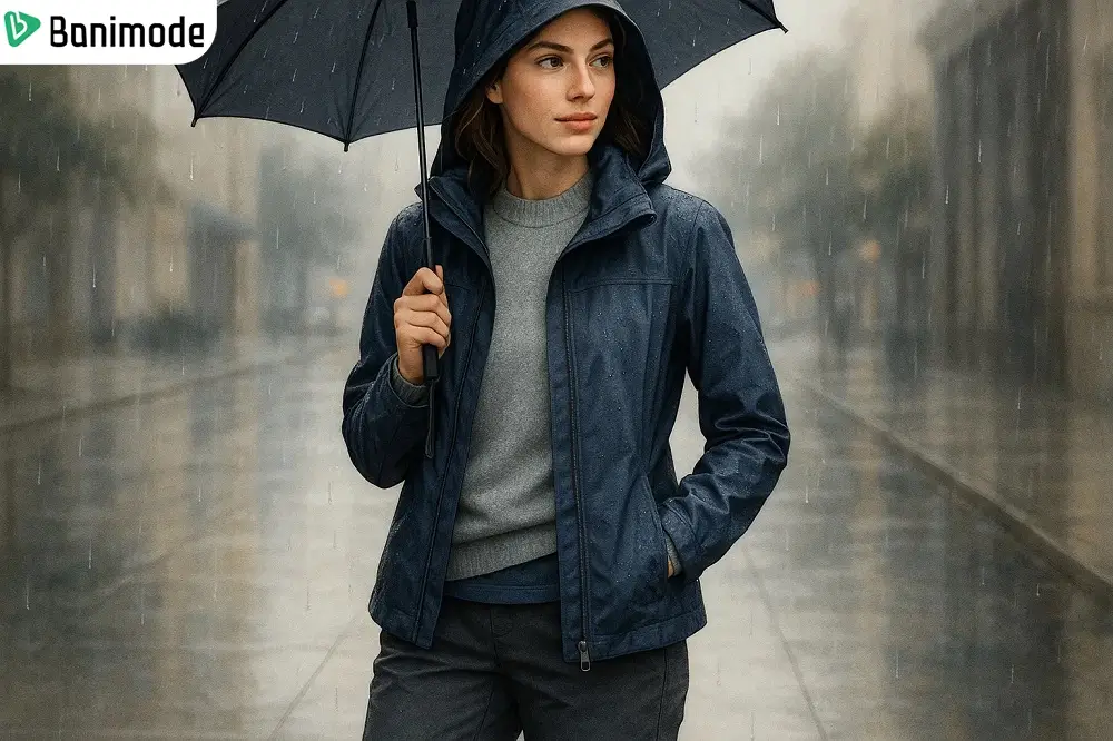 تصویر دختر چتر به دست در زیر باران