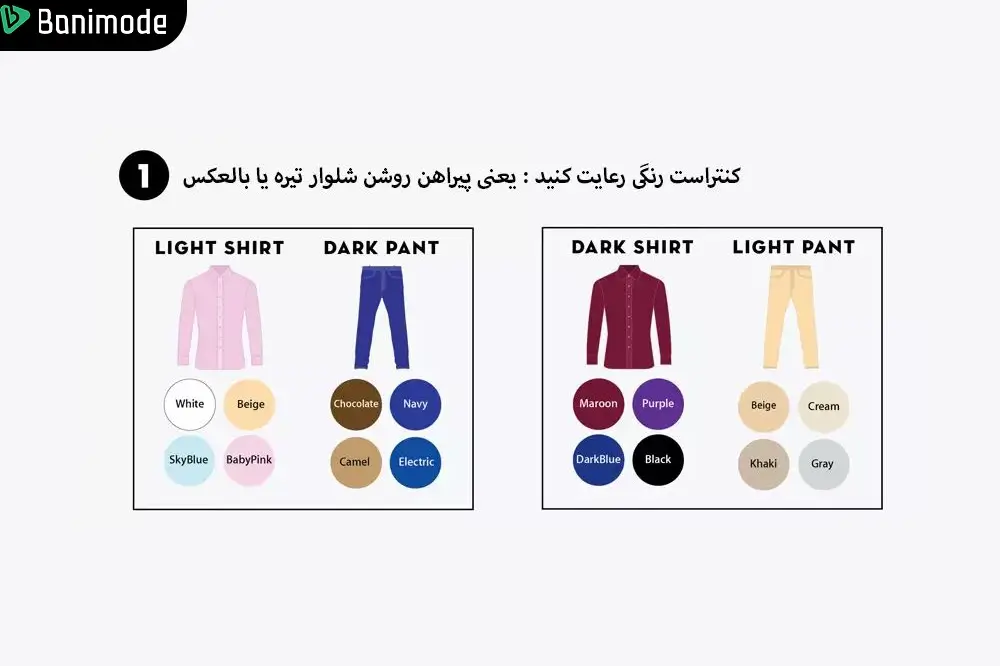 ترکیب پیراهن رنگ روشن با شلوار تیره و ترکیب پیراهن تیره با شلوار رنگ روشن