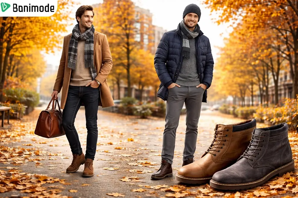 تصویری از دو مرد در هوای پاییزی که با نیم بوت استایلی شیک ساختند