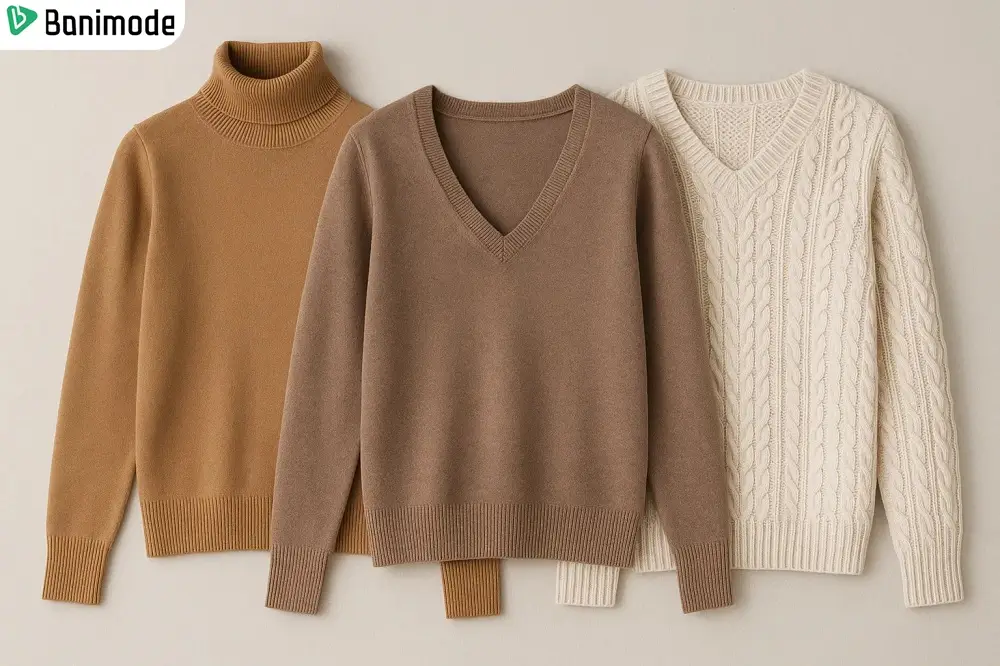 3 مدل پلیور زنانه شامل یقه هفت، یقه اسکی و بافت