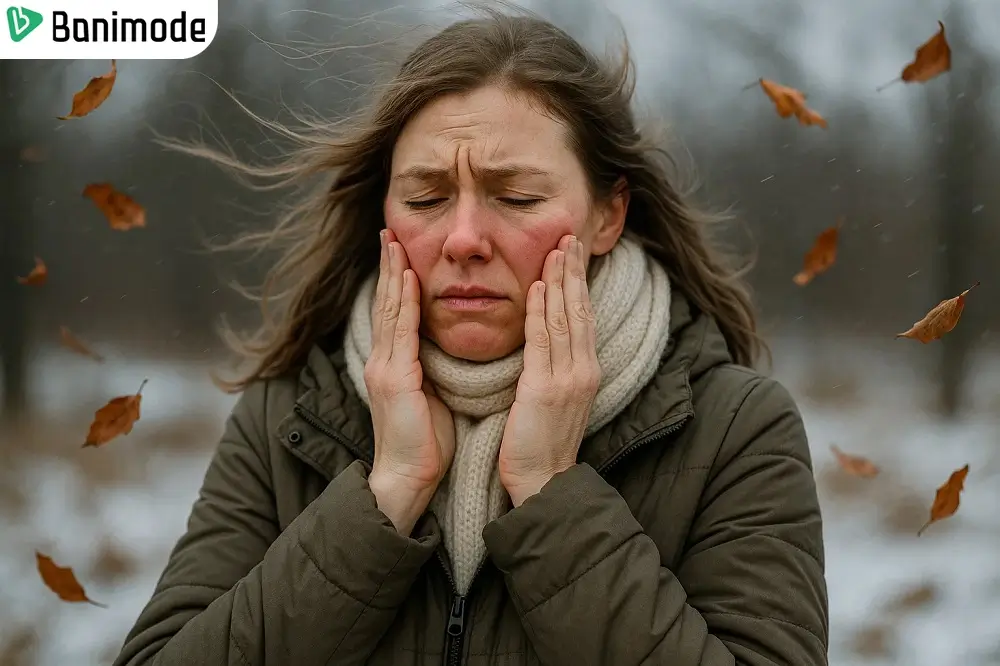 زن با پوست کمی خشک و گونههای قرمز در هوای سرد زمستانی، لباس گرم پوشیده و باد و برگهای پاییزی اطرافش دیده میشوند