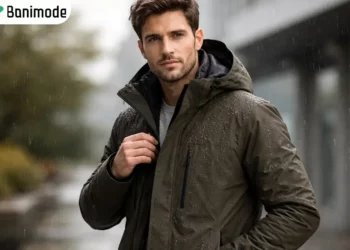 تصویری از یک مرد که در هوای بارانی، یک بارانی پوشیده شده است