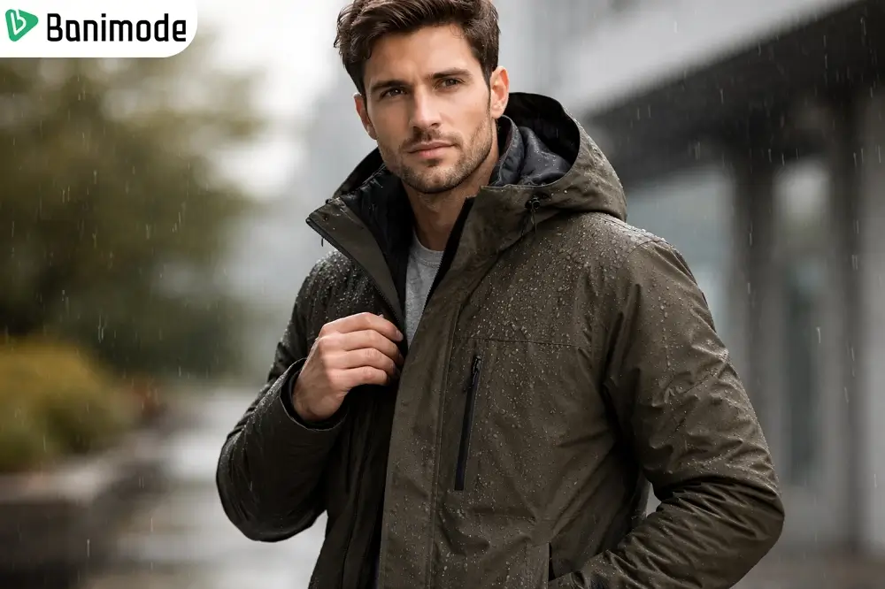تصویری از یک مرد که در هوای بارانی، یک بارانی پوشیده شده است