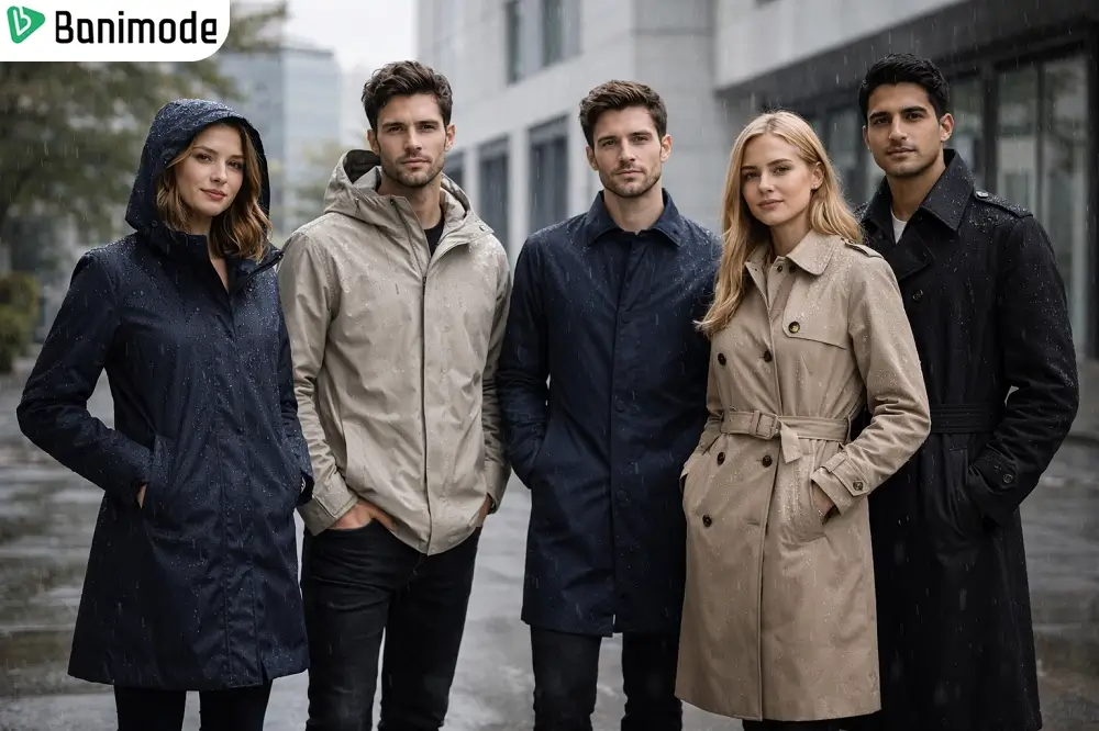 تعدادی زن و مرد که بارانی‌های مختلفی پوشیدند و به دوربین خیره شدند