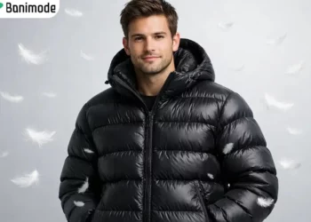 یک پسر با کاپشن پفی مشکی با پرهای اطراف