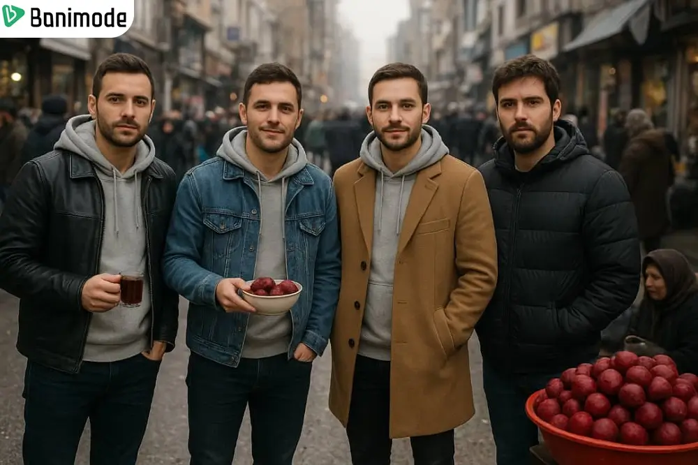 4 مرد با استایل زمستانه با سویشرت و پالتو، کت جین، کاپشن و کت چرم