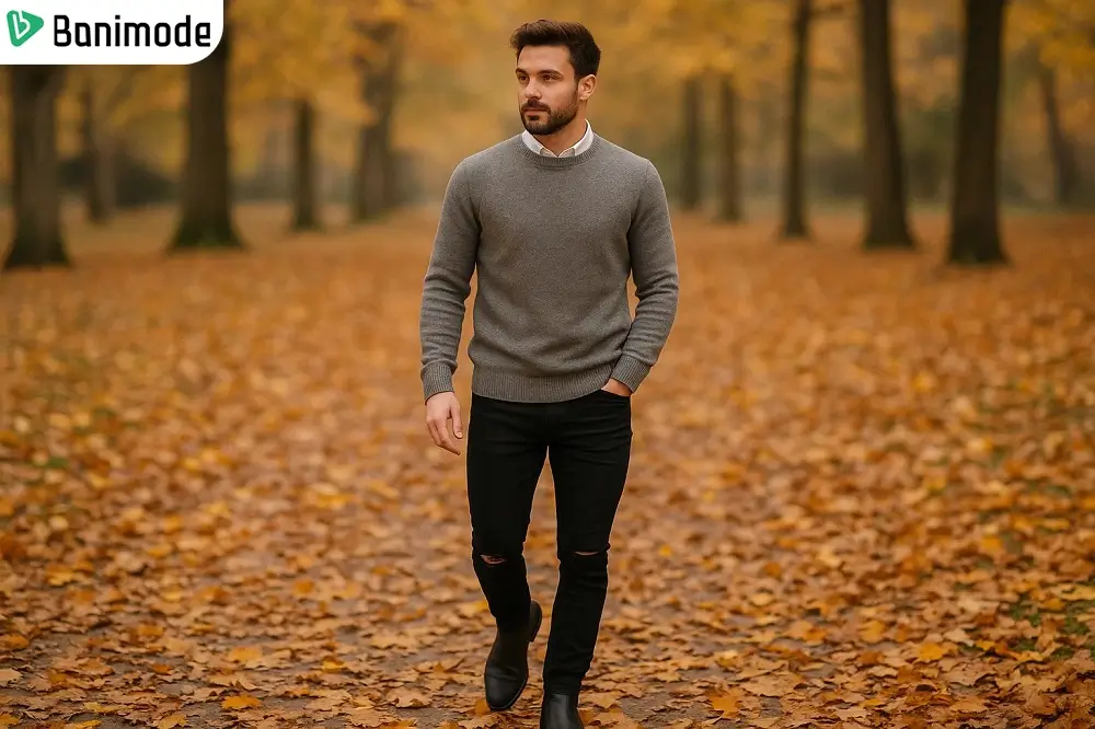 استایل پاییزی با پلیور یقه گرد مردانه