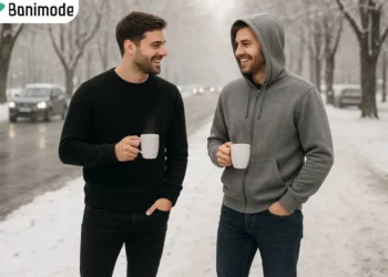 دو مرد با سویشرت و پلیور در هوای سرد زمستانی