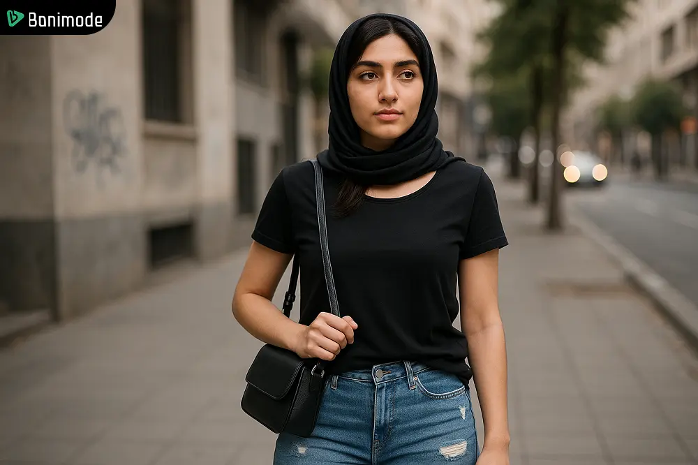 مدل تیشرت مشکی زنانه با شلوار جین زاپ دار