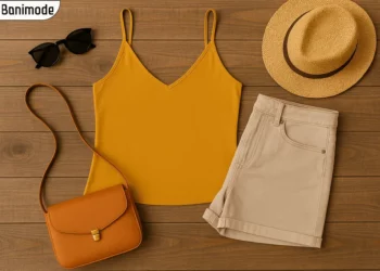 تاپ زرد رنگ زنانه با کلاه حصیری و شلوارک کتان و عینک آفتابی و کیف روی زمین چوبی