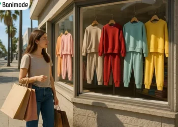 دختری در حال نگاه کردن به ویترین مغازه فروش ست سویشرت و شلوار دخترانه