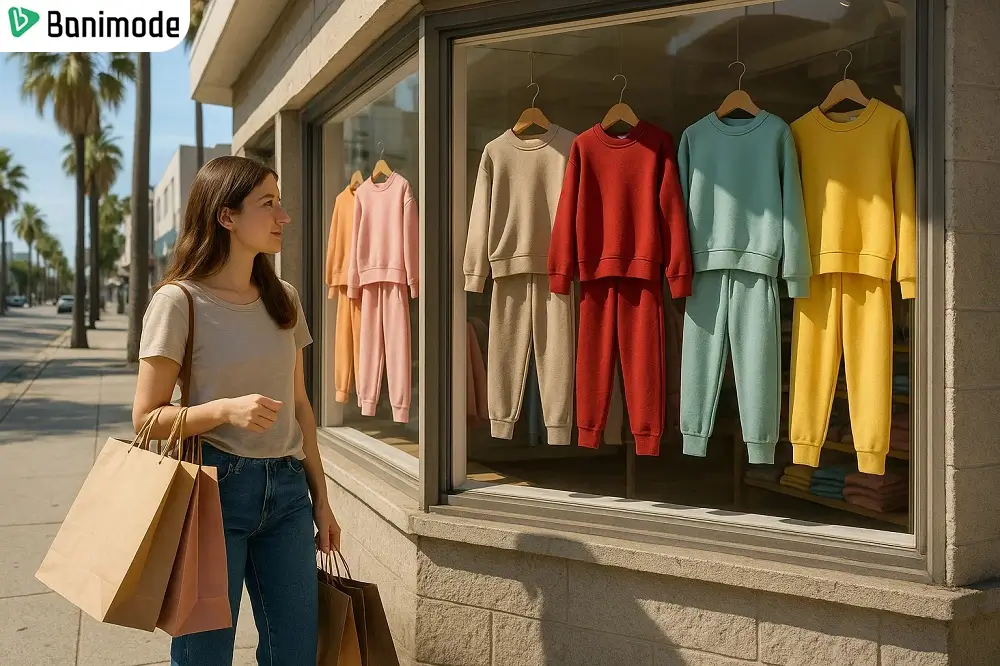 دختری در حال نگاه کردن به ویترین مغازه فروش ست سویشرت و شلوار دخترانه