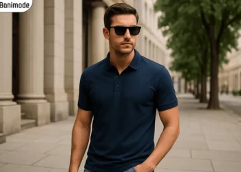 تیشرت یقه دار مردانه جودون (پولوشرت) سرمه ای رنگ بر تن مرد