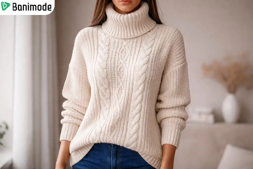 یک دختر که بلوز بافت یقه اسکی پوشیده