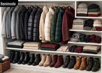 کمدی پر از لباس، کفش و اکسسوری زمستانه