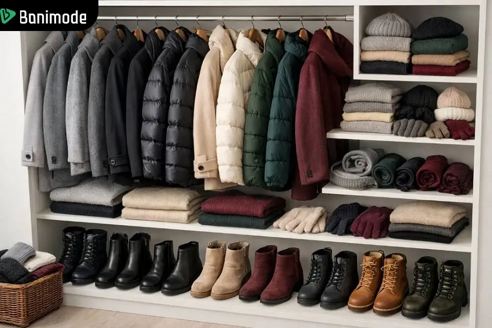 کمدی پر از لباس، کفش و اکسسوری زمستانه