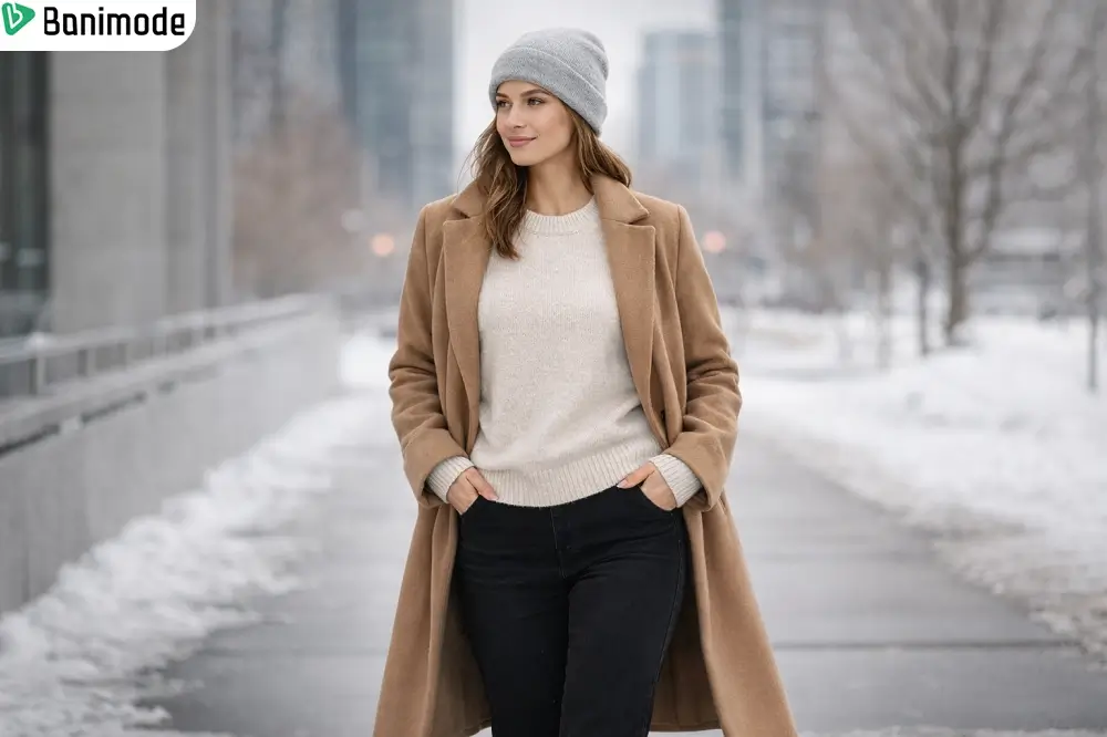 دختری که در هوای برفی پالتو، بافت و کلاه پوشیده