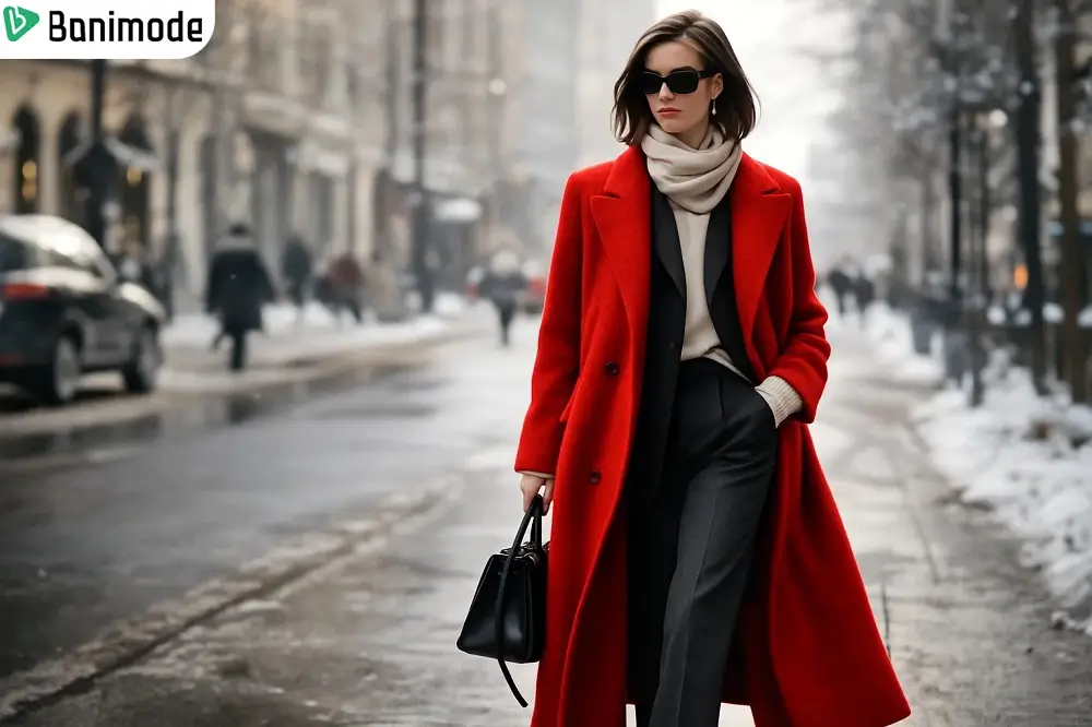 دختری که پالتو قرمز بلند و کت مشکی پوشیده