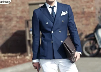 مردی کت دبل برست سرمه ای پوشیده با کروات سرمه ای و دستمال جیبی سفید