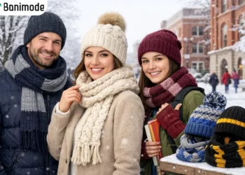 دو زن و یک مرد که ست شال و کلاه زمستانه پوشیدند